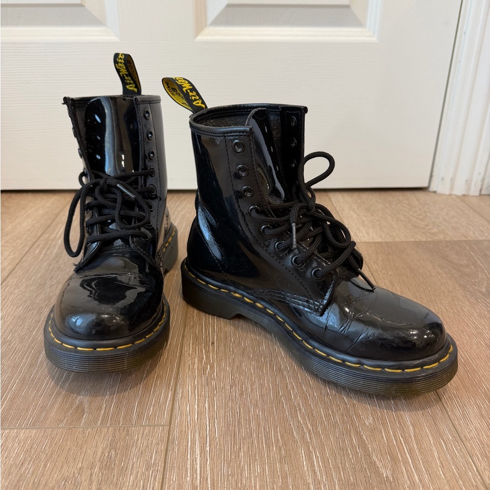 Dr. Martens Glossy Black Lace-Up Boots with Yellow Stitching